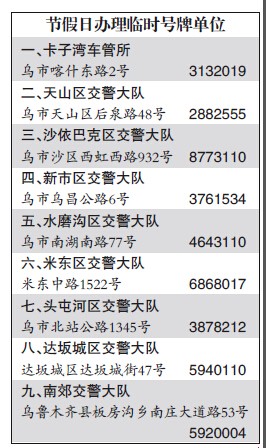 自1月10日起,乌鲁木齐市公安局交警支队车管所卡子湾业务大厅及各大队县级车管所,逢周六、周日、节假日期间,将取消休息,为市民办理临时号牌相关业务。